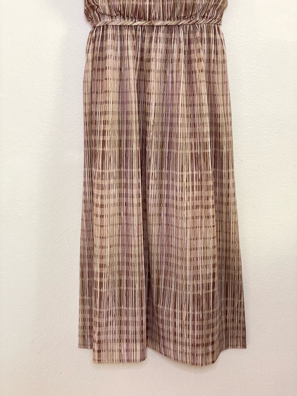 Vintage 70s Sue Brett Neutral Stripe Midi Dress Bateau Neck Cap Sleeve 7/8 Small - Picture 6 of 15